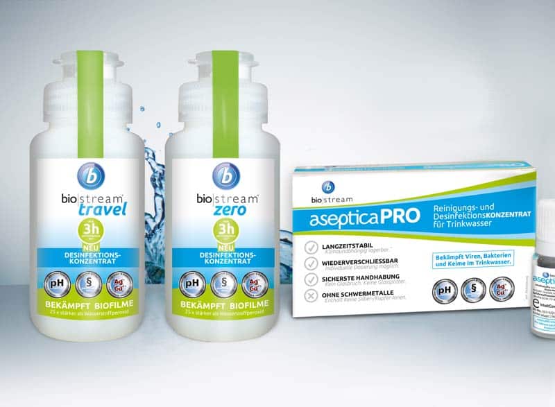 biostream® ZERO, TRAVEL und asepticaPRO: Gebinde zur Desinfektion von Trinkwasser-Anlagen